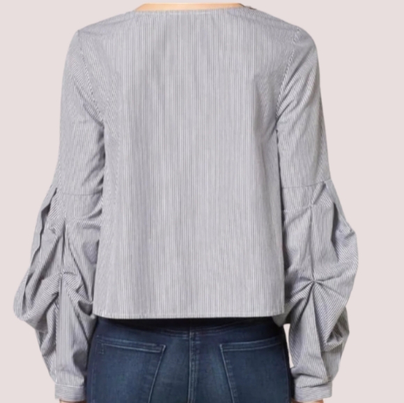 BP Nordstrom Ruched Balloon Sleeve Pinstripe Top Dark Grey & White Blouse S - Picture 2 of 5